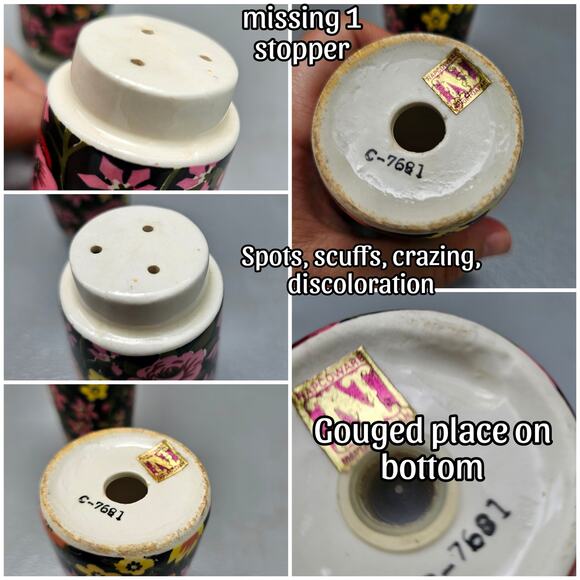 VTG NapcoWare Salt Pepper Shaker Set Pink Black Moody Mod Floral C-7681 Japan - Picture 6 of 8